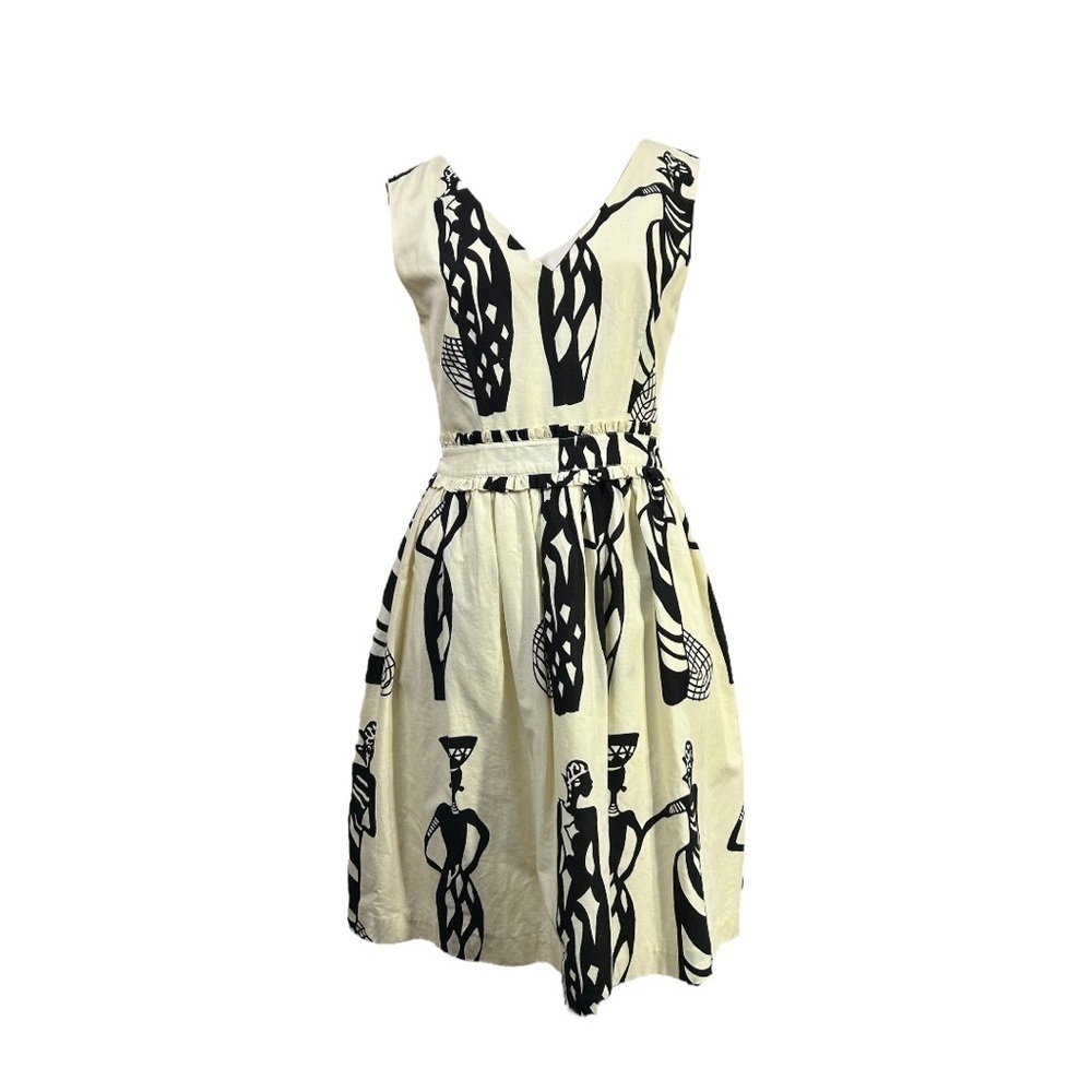Cynthia Rowley V Neck Dress Cotton Cream Black Sleeveless Empire Waist Womens 4